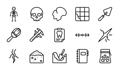 Archaeology Icons Set: Digging Tools, Fossils, Skeleton, Skull, Map, Research Tools © Arif