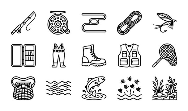 Fly Fishing Icon Set: Rod, Reel, Waders, Lures, Fish, Vector Graphics for Outdoor Adventure