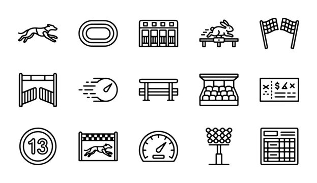 Greyhound Racing Icons Set, Dog Track Sports Vector Graphics, Speed Competition Symbols