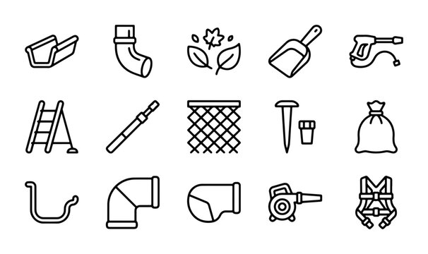 Gutter Cleaning Tools Set, Home Maintenance Icons, Seasonal Leaf Removal Equipment, Vector Graphics