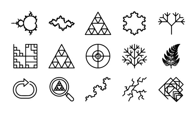 Fractal Geometry Icons Set: Mathematical Patterns, Recursive Designs, Abstract Shapes, Science Graphics