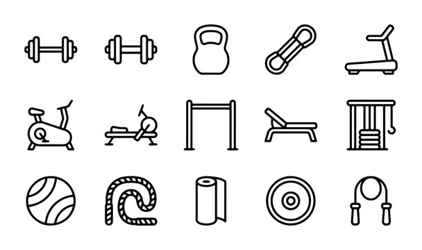 Fitness Equipment Icons: Dumbbell, Kettlebell, Treadmill, Exercise Bike, Jump Rope, Yoga Mat, Weights