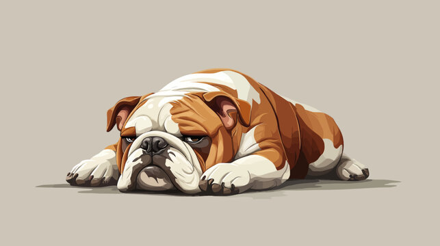 Cartoon bulldog lying flat, droopy eyes, wrinkled muzzle, relaxed paws on beige
