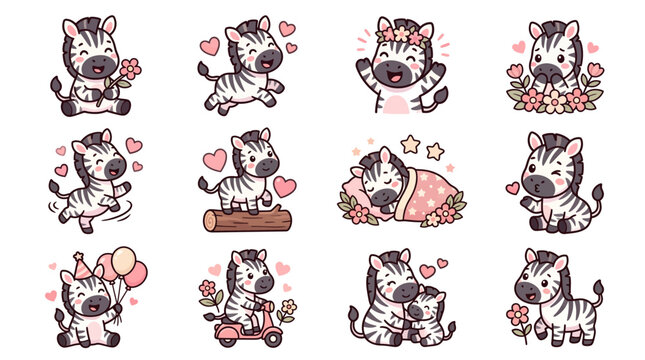 Collection of Adorable Baby Zebras in Various Cute Poses, Perfect for Children's Designs and Greeting Cards