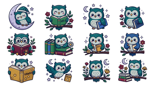 Collection of Adorable Cartoon Owlets in Various Cute Poses Reading Books and Sitting on Branches under a Moon