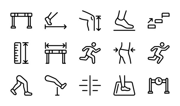 Sports Training Icons: Hurdles, Running, Measurement, Fitness, Athletes, Exercise Set