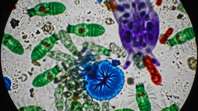 Microscopic view of pond water organisms, showcasing various protozoa and other tiny aquatic life forms