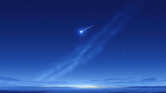 Bright comet with glowing tail in blue night sky