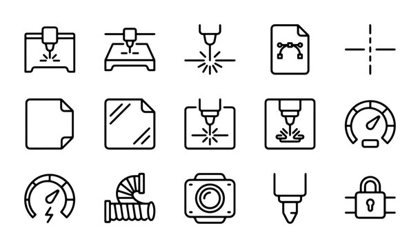 Laser Cutting Icons, CNC Machine Symbols, Vector Graphics Set for Manufacturing and Technology