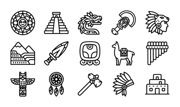Ancient Civilizations Icons Set: Aztec, Maya, Inca Symbols, Tribal Elements, Cultural Heritage Vector Art