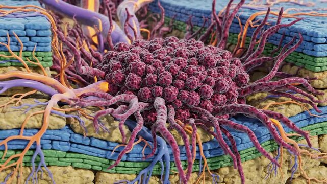 Realistic 3D animation of a cancerous tumor with blood vessels, showing its intricate network of growth