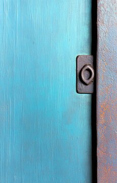 A close-up view of a teal wooden door with a rusty metal hinge