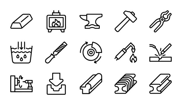 Metalworking Icons Set: Forge, Anvil, Hammer, Pliers, Welding, Metal Fabrication Tools