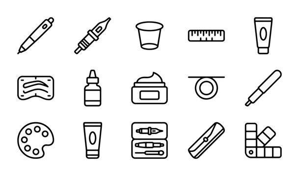 Beauty and Tattoo Icons, Cosmetic Tools, Makeup Artist Supplies, Vector Set