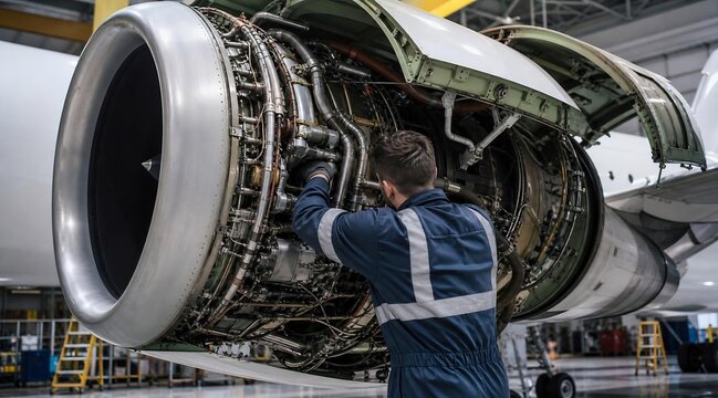 Aircraft Mechanic Inspecting Jet Engine Turbine in Aviation Hangar