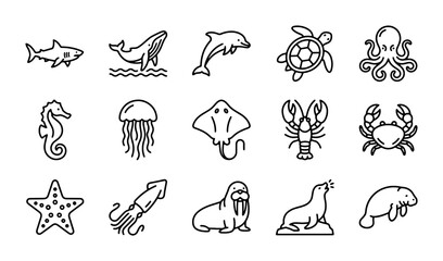 Marine Life Icons: Sea Creatures Vector Set, Ocean Animals Graphics, Aquatic Wildlife Collection © Juman