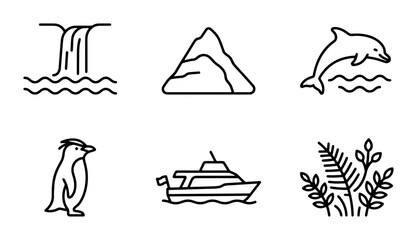 Obraz premium Nature and Travel Icons: Waterfall, Mountain, Dolphin, Penguin, Yacht, Plants
