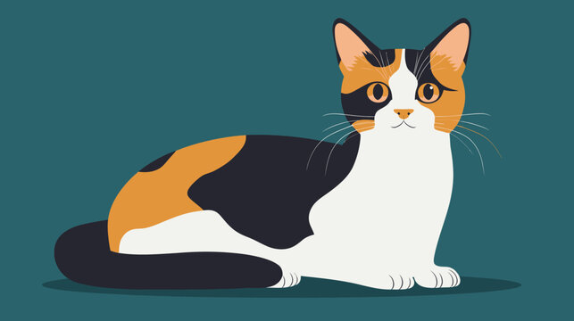 A calico cat sits on a teal backdrop,  showing orange, black, and white patches!
