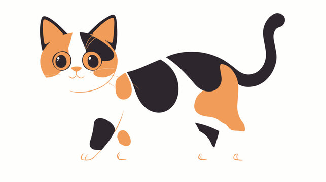 Abstract calico cat with bold black, orange, and white color blocks in a playful walking pose, featuring simplified anatomy and dynamic posture against a plain background