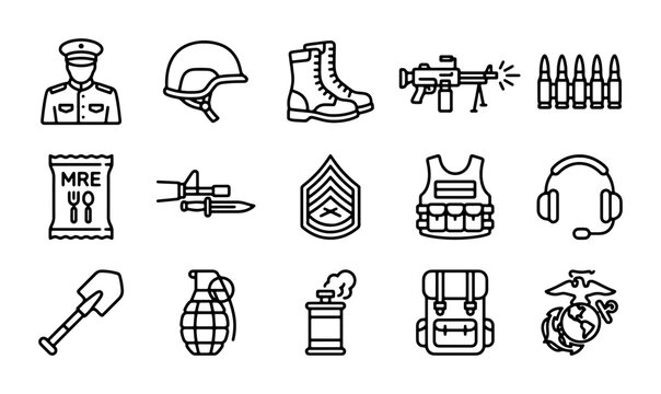 Military Icons Set: Soldier, Helmet, Boots, Weapon, Ammo, MRE, Jet, Rank, Vest, Headphones, Shovel, Grenade, Campfire, Backpack, Emblem