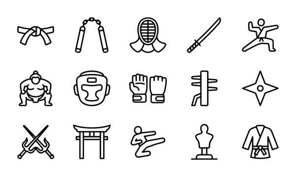 Martial Arts Icons Set: Karate, Sumo, Kendo, Ninjutsu, Samurai, Taekwondo, Judo, Aikido, Kung Fu