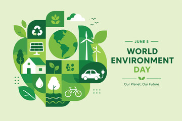 Fototapeta premium World Environment Day Concept Banner with Sustainable Energy Icons and Green Earth Conservation Vector Illustration