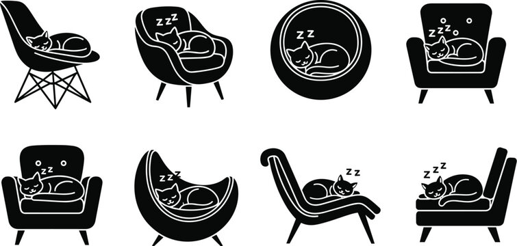 Sleeping Cat Silhouette Vector Icon Set Featuring Felines Napping on Mid Century Modern Armchairs and Pet Beds for Domestic Interior Decor Designs