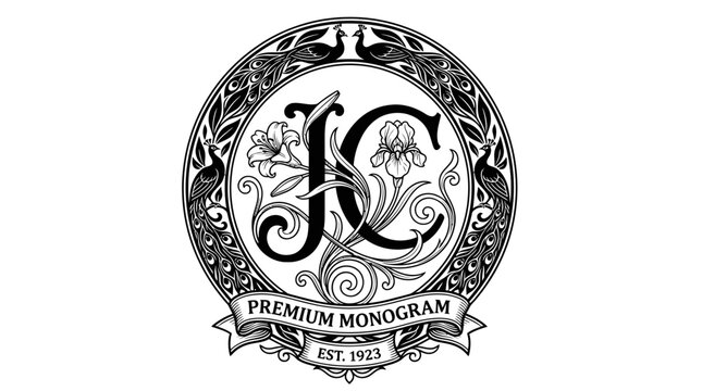 Vintage Ornate Monogram Logo Design with Letters JC Peacocks and Flowers in a Heraldic Circular Frame