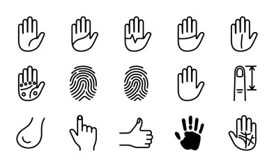 Fototapeta premium Hand Icons Set, Palmistry Lines, Fingerprint, Thumb Up, Vector Graphics for Biometrics and Identity