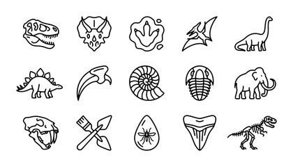 Dinosaur Icons Set, Fossil Collection Vector Graphics, Prehistoric Animal Symbols © Md
