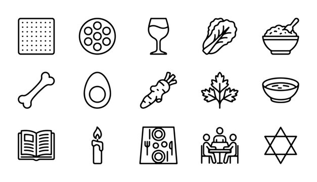 Passover Seder Icons Set, 15 Vector Elements for Holiday Celebration and Religious Observance