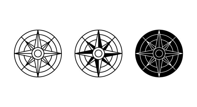 Navigation Compass Rose Icons, Nautical Star Symbols, Directional Guides, Set of 3 Vector Graphics