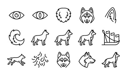 Wolf Icon Set, Husky Dog Graphics, Animal Symbols, Minimalist Line Art, Vector Elements © Rayhan