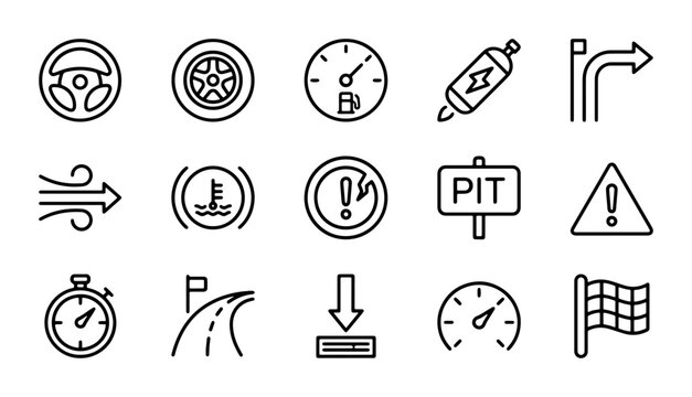 Automotive Dashboard Icons, Car Warning Symbols, Driving Controls, Pit Stop Sign, Race Flag Vector Set