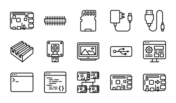 Electronic Components, Microcontroller Boards, and Computer Hardware Icons Set