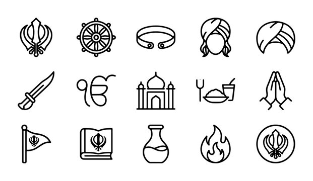 Sikhism Symbols Icons Set, Religious Cultural Icons, Guru Granth Sahib, Khanda, Kara, Turban