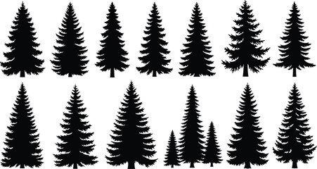 Obraz premium Pine and Spruce Tree Silhouette Vector Icon Set Featuring Evergreen Conifer Forest Elements for Winter Holidays, Christmas, and Outdoor Nature Landscape Designs