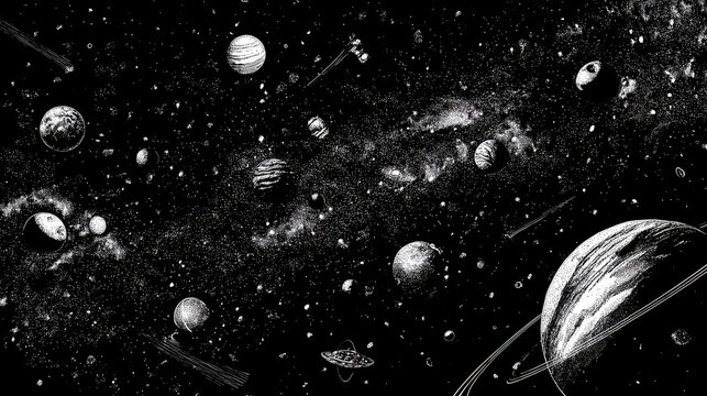Planets, stars and asteroids on black space background