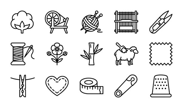 Textile Craft Icons: Cotton, Spinning Wheel, Yarn, Loom, Scissors, Sewing, Sheep, Fabric, Thimble