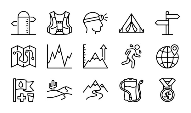 Trail Running Icons Set: Outdoor Adventure, Sports, Navigation, Equipment, Achievement Vector Graphics