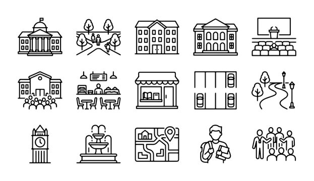 City Buildings and Public Spaces Icons, Urban Architecture and Landmarks Collection
