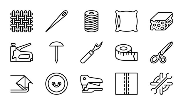 Sewing Icons, Textile Tools, Craft Supplies Vector Set: Needle, Thread, Fabric, Scissors, Button