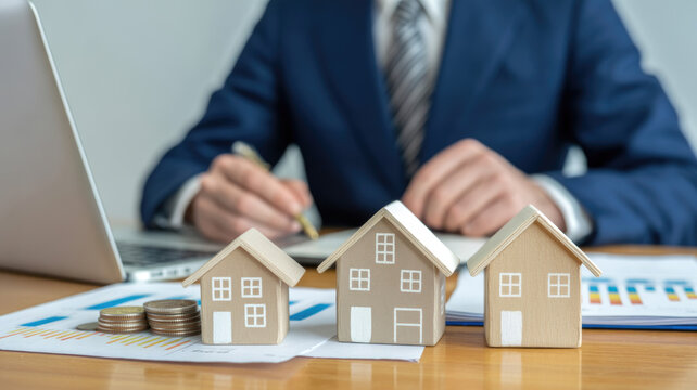 Businessman analyzing real estate investment with miniature houses and financial charts on a desk