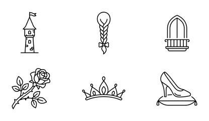Fototapeta premium Fairytale Icons: Castle Tower, Braided Hair, Balcony Window, Rose, Crown, Glass Slipper