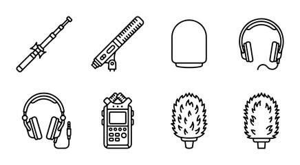 Audio Recording Equipment Icons: Microphones, Headphones, Recorder, Boom Pole, Windscreen Set © MmImran