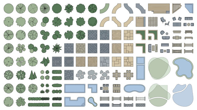Modern landscape architecture plan builder vector kit with top view trees, shrubs, pathways, pools, patios and garden design elements