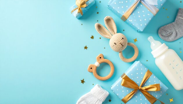 Baby Shower Gifts and Toys on Blue Background.