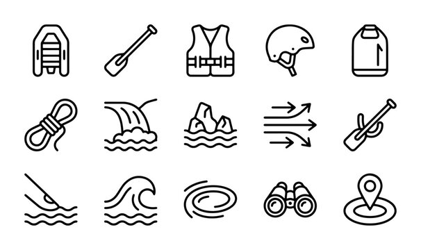Water Sports Icons Set, Rafting Kayaking Adventure Gear, Outdoor Activity Symbols