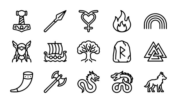 Norse Mythology Icons Set, Viking Symbols Vector Collection, Ancient Runes and Gods Graphics