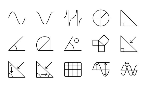 Math Icons Set, Geometric Shapes, Trigonometry Symbols, Waveforms, Grid Vector Graphics